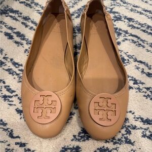 Tory Burch Tan Leather Flats with Logo Medallion